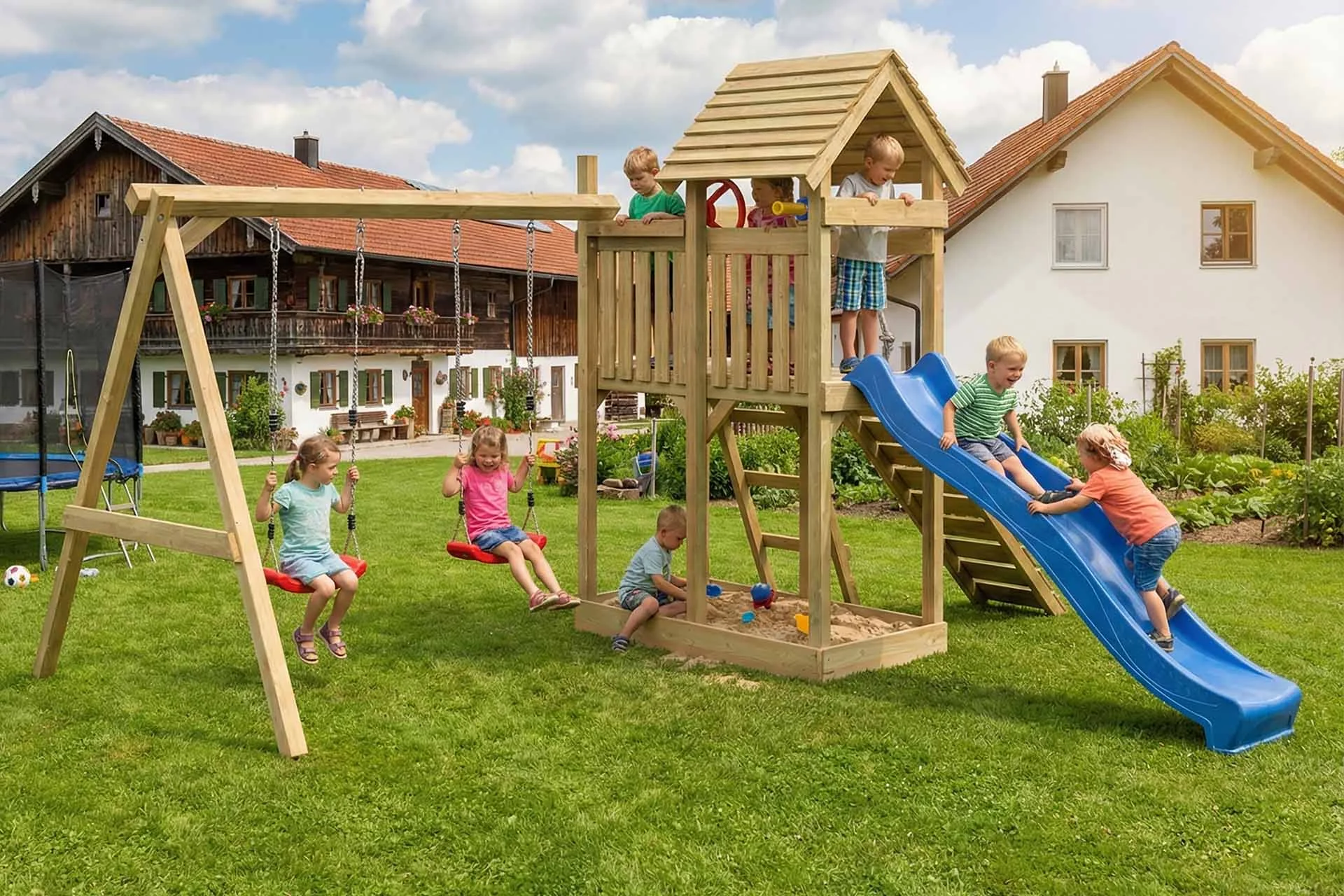 kinderspielturm-venturoo-play-mit-kindern-Rückansicht-Doppelschaukel